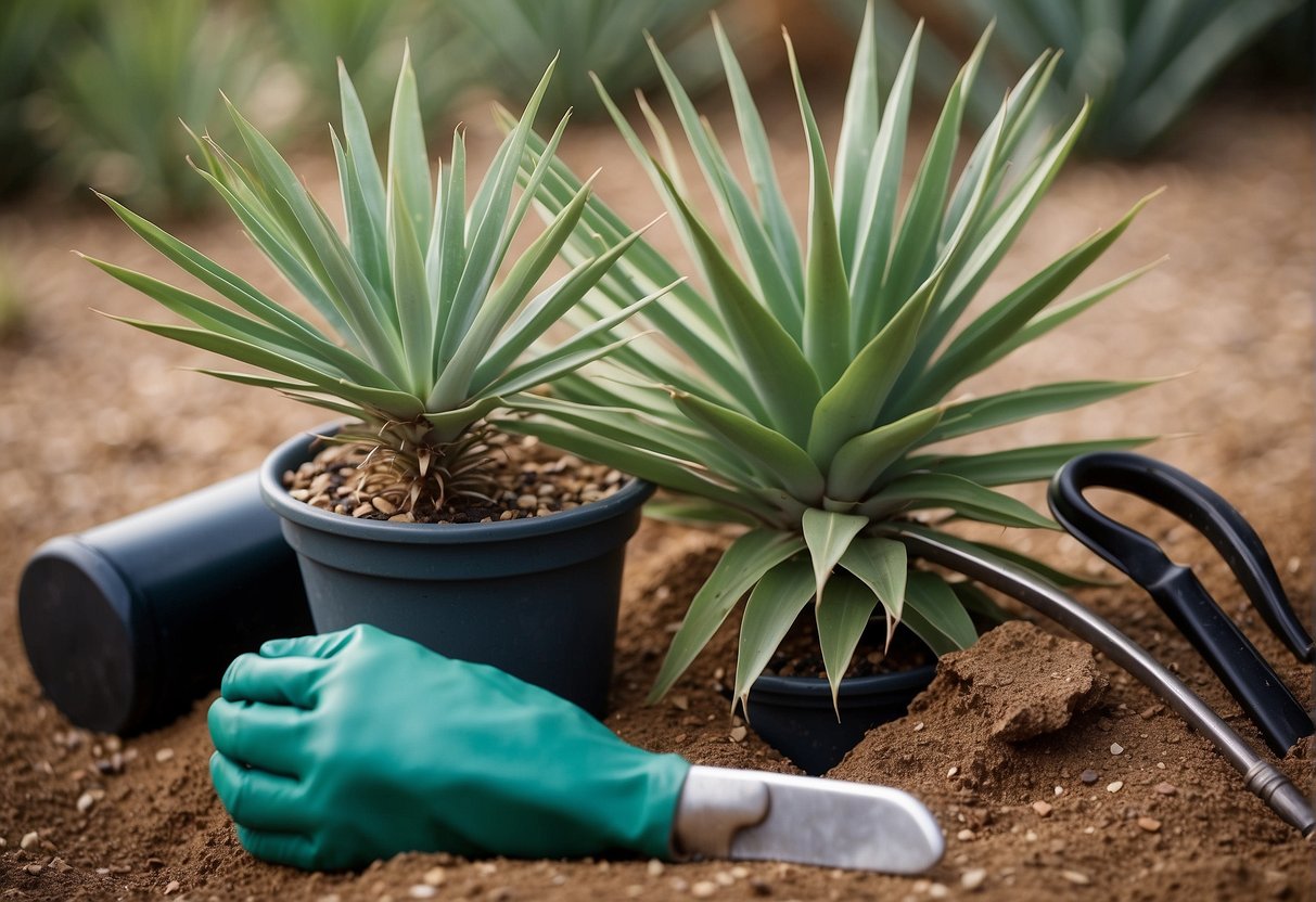 A yucca plant with sharp, sword-like leaves, surrounded by gardening tools and a pair of gloves
