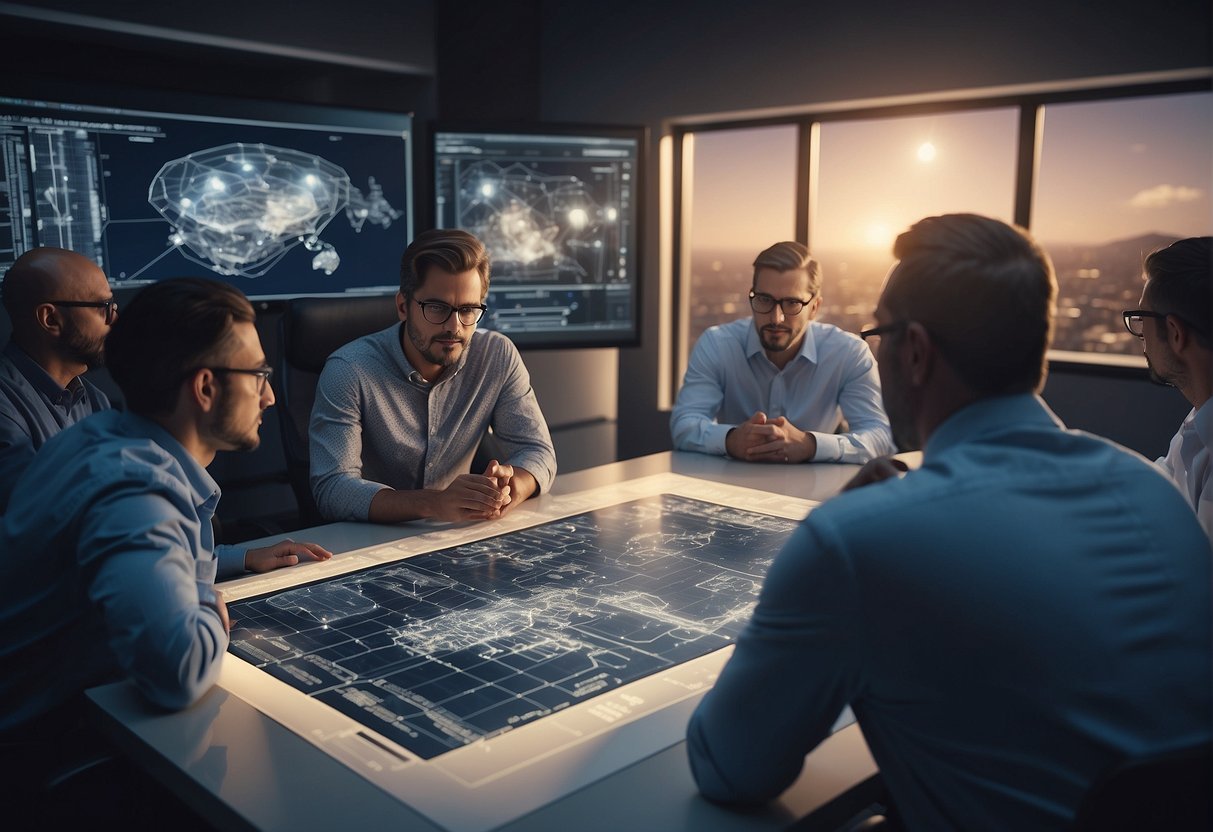 A team of engineers huddle around a table covered in blueprints and technical diagrams, discussing the design of a sleek and futuristic spacecraft. Computer screens display simulations and data as they analyze and brainstorm ways to improve the design