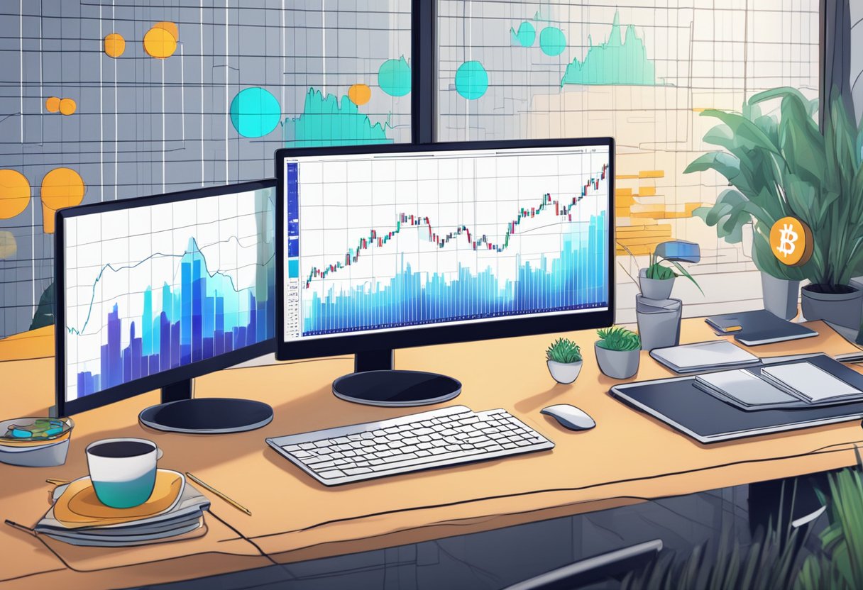 A computer screen displays fluctuating crypto futures charts