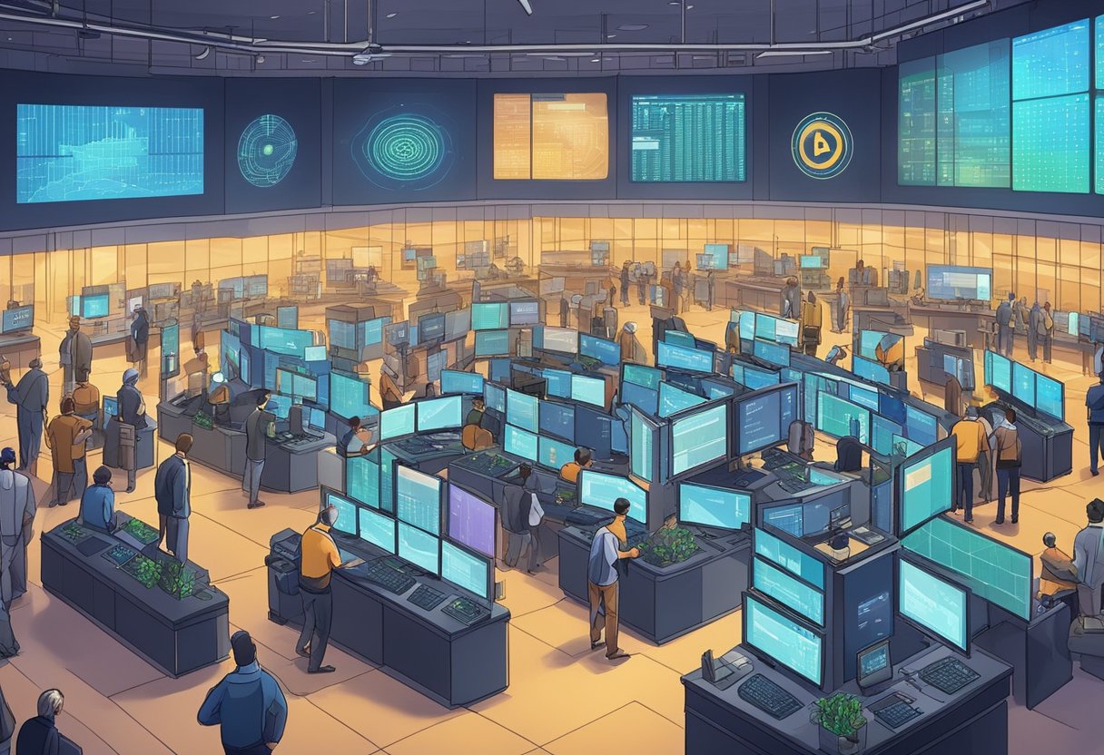 Market Mechanics crypto futures trading floor bustling with traders, digital screens displaying live cryptocurrency futures prices