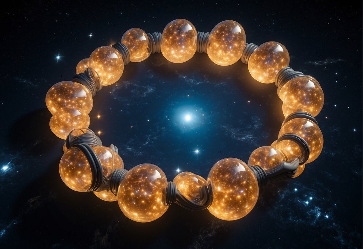 A cluster of inflatable habitats floats in the vastness of space, connected by tubes and illuminated by the glow of distant stars