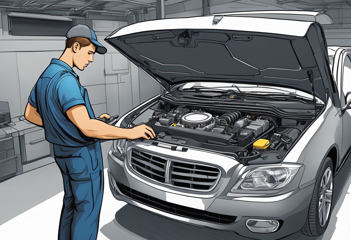 A mechanic examines a vehicle's engine with a diagnostic tool, focusing on the MAP/BARO sensor to address the P0108 trouble code