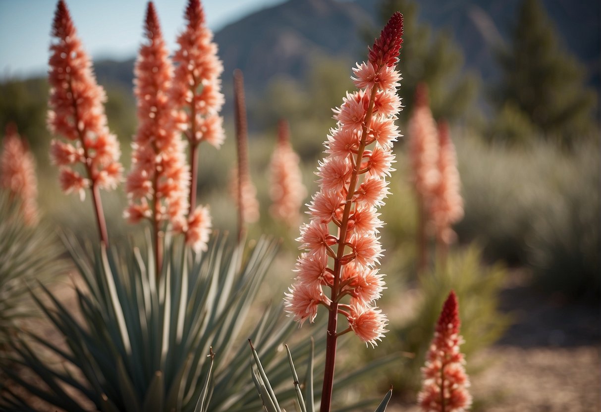 Red yucca plants bloom in late spring to early summer. The tall, slender stalks shoot up from the center of the plant, adorned with clusters of tubular, coral-colored flowers