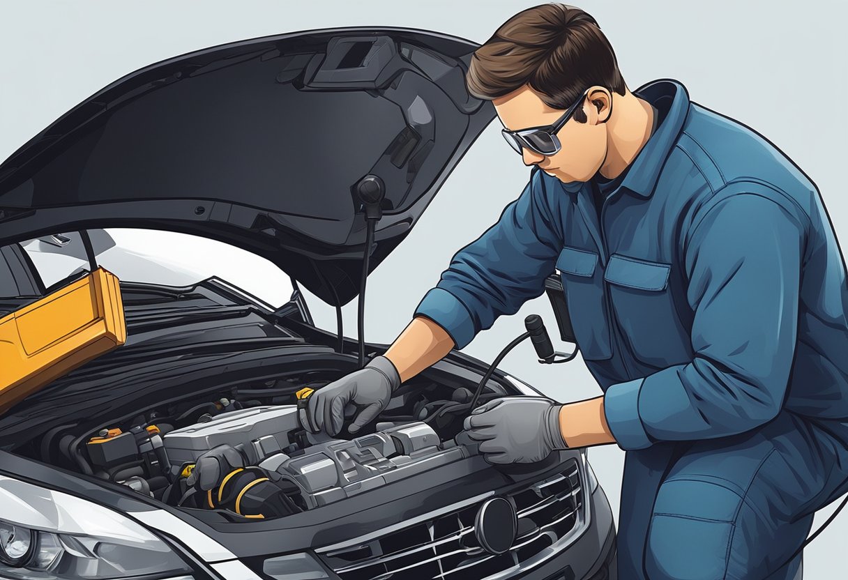 A mechanic examines a vehicle's engine with a diagnostic tool, focusing on the MAP/BARO sensor.

The mechanic makes adjustments and tests the sensor to address the P0108 code
