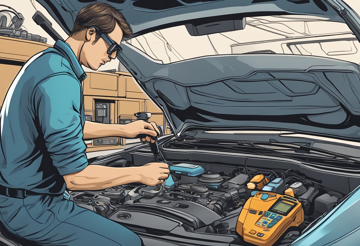 A mechanic checks the high MAP/BARO sensor readings on a diagnostic tool, with a car hood open and tools scattered around