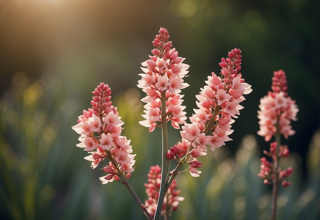Red yucca plants bloom in late spring to early summer, producing tall stalks of vibrant red or pink flowers. The blossoms attract pollinators and add a pop of color to the landscape