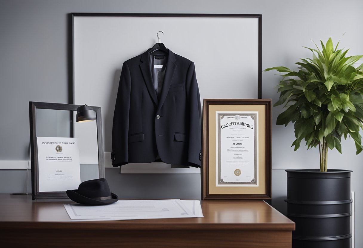 A business suit hangs on a coat rack next to a framed certificate of good standing. A bank loan application sits on a desk