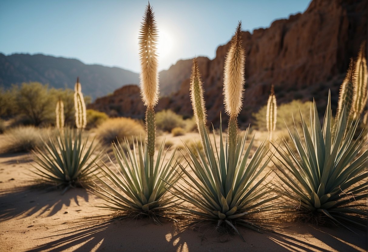 Yucca plants thrive in arid deserts and dry grasslands, with their long, sword-shaped leaves reaching towards the sun. The plants are often found in sandy soil, surrounded by other desert flora such as cacti and succulents