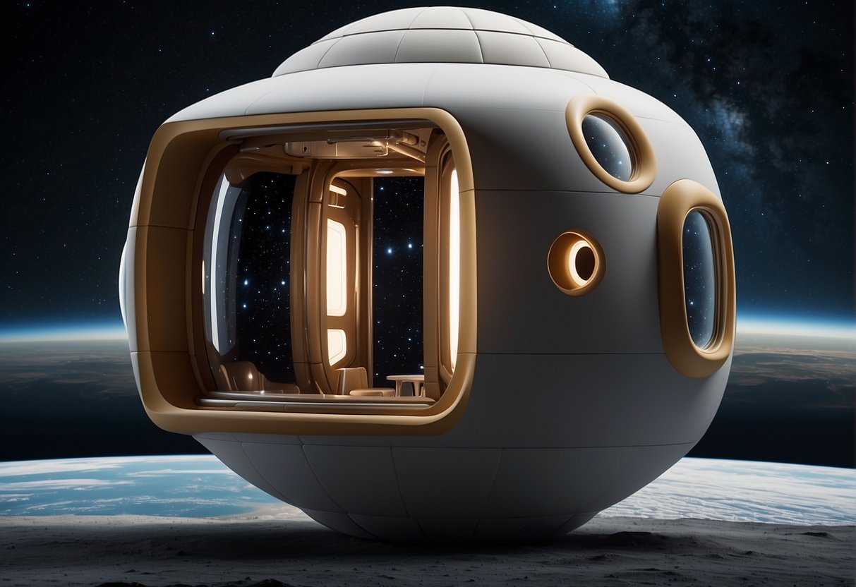 A sleek, inflatable habitat floats in the vastness of space, showcasing its efficient design and impressive volume. The habitat stands out against the backdrop of stars, symbolizing humanity's expansion into the cosmos