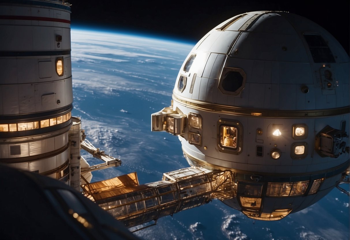 A space habitat inflates against the backdrop of the moon, with Earth visible in the distance. Rockets and spacecraft are docked nearby, as astronauts conduct spacewalks to assemble the structure