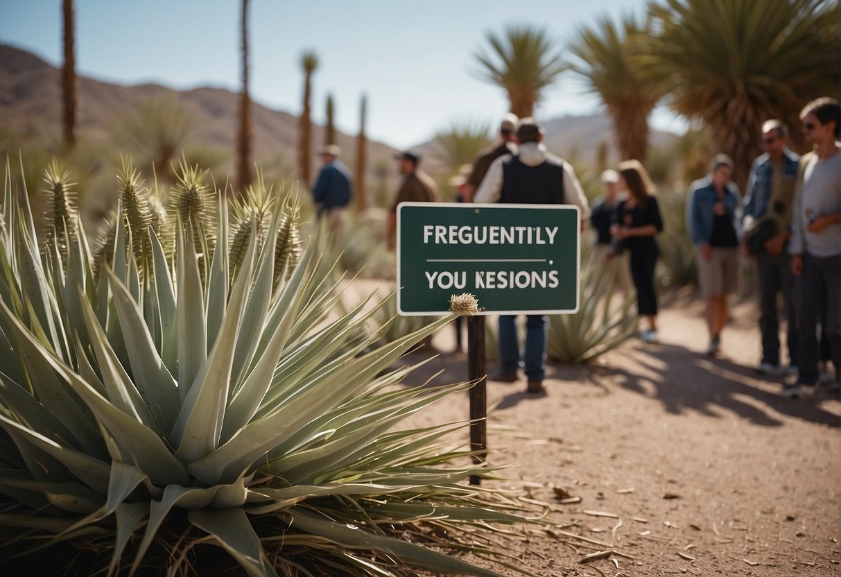 A yucca plant surrounded by curious onlookers, with a sign reading "Frequently Asked Questions: Where can you find yucca plants?" displayed prominently