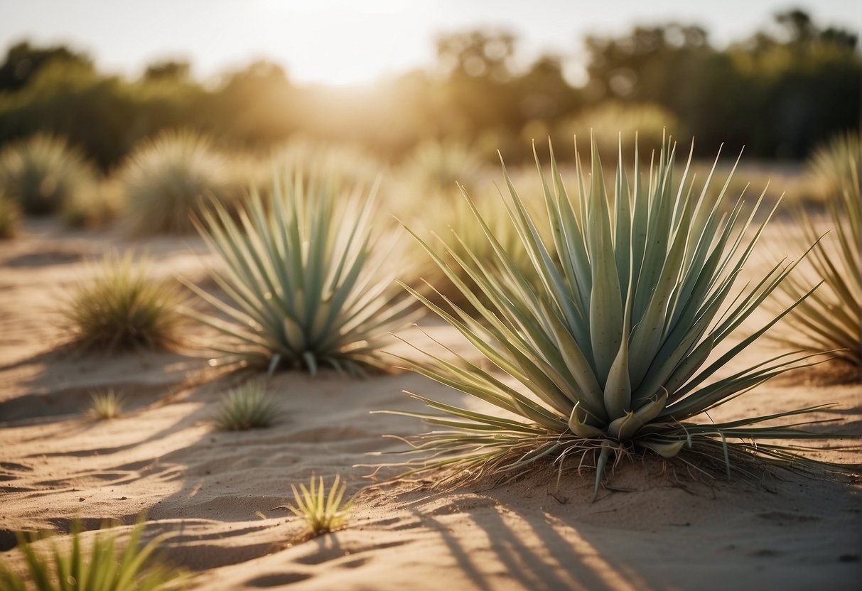 A sunny, well-drained area with sandy soil and minimal water. Yucca plants thrive in full sunlight and require little maintenance for healthy growth