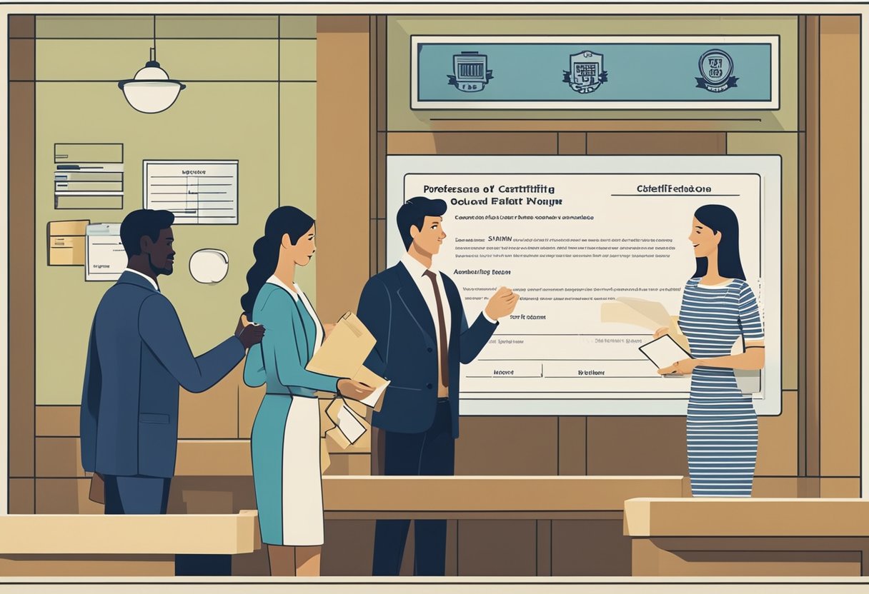 A person presents a certificate of good standing to a bank teller for opening a business account
