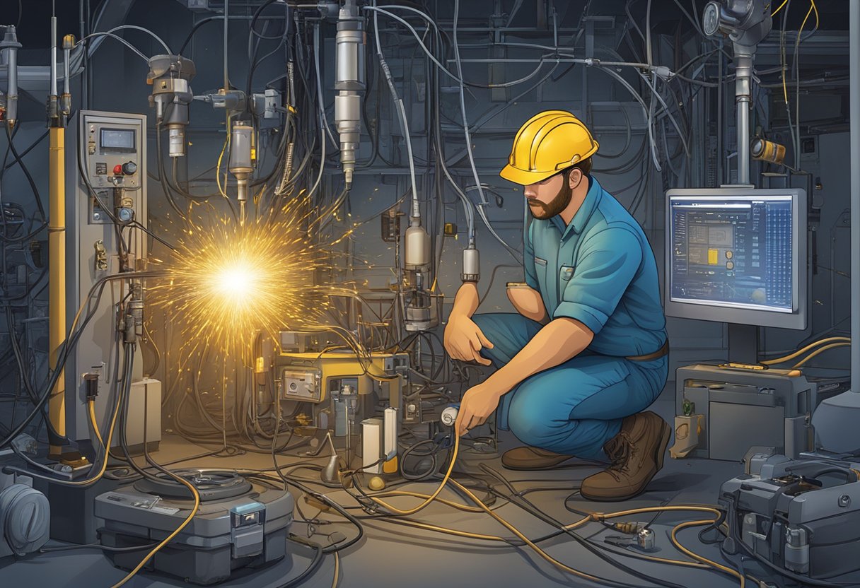 Sparks fly as a technician examines a malfunctioning O2 sensor, surrounded by high voltage equipment and diagnostic tools