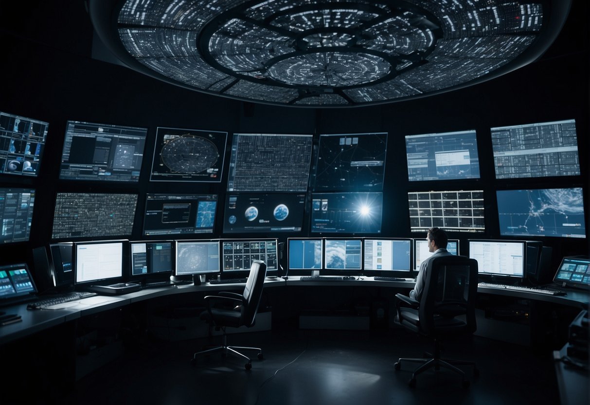 A satellite dish receives signals from deep space. Engineers analyze data in a control room filled with computer screens and technical equipment