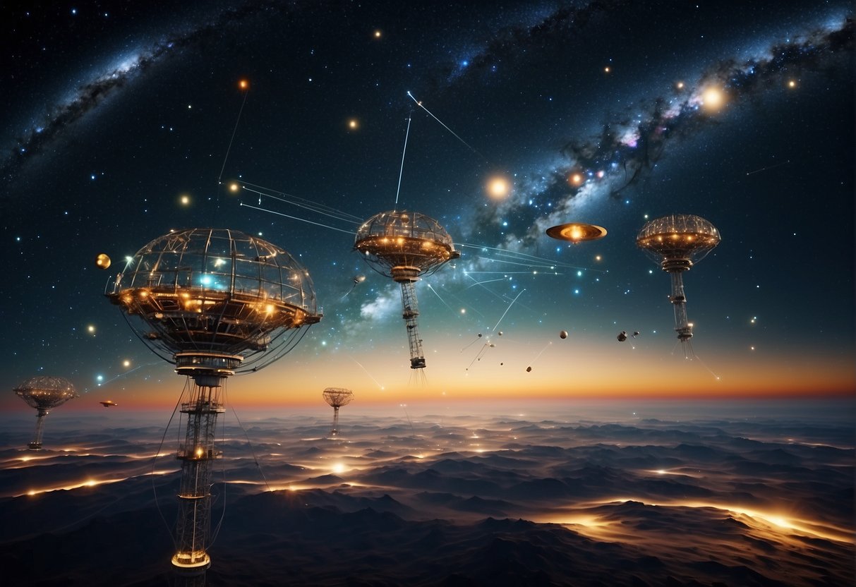 A network of satellites orbiting a distant planet, relaying signals to a central communication hub. Various antennas and receivers are positioned to capture and transmit data across the vast expanse of space