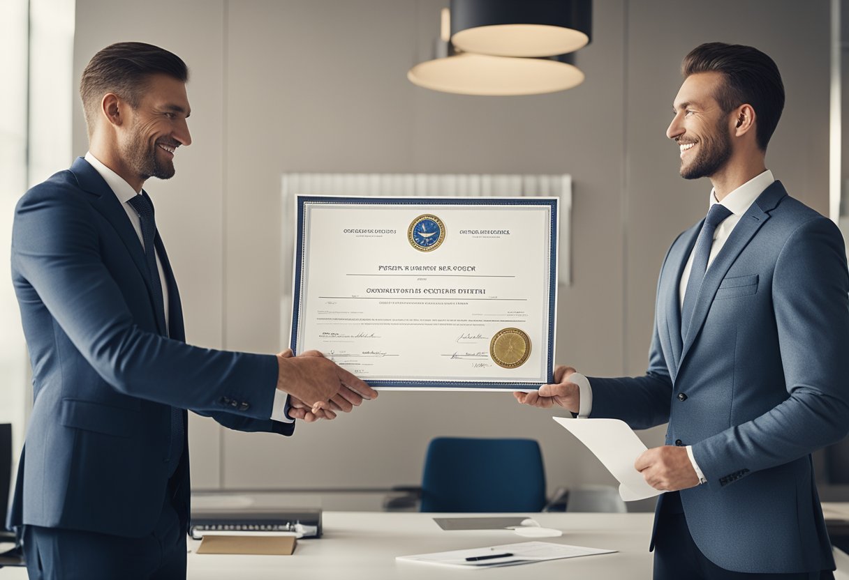 Two business partners exchanging a Certificate of Good Standing, with a seal and official signatures, in a professional office setting