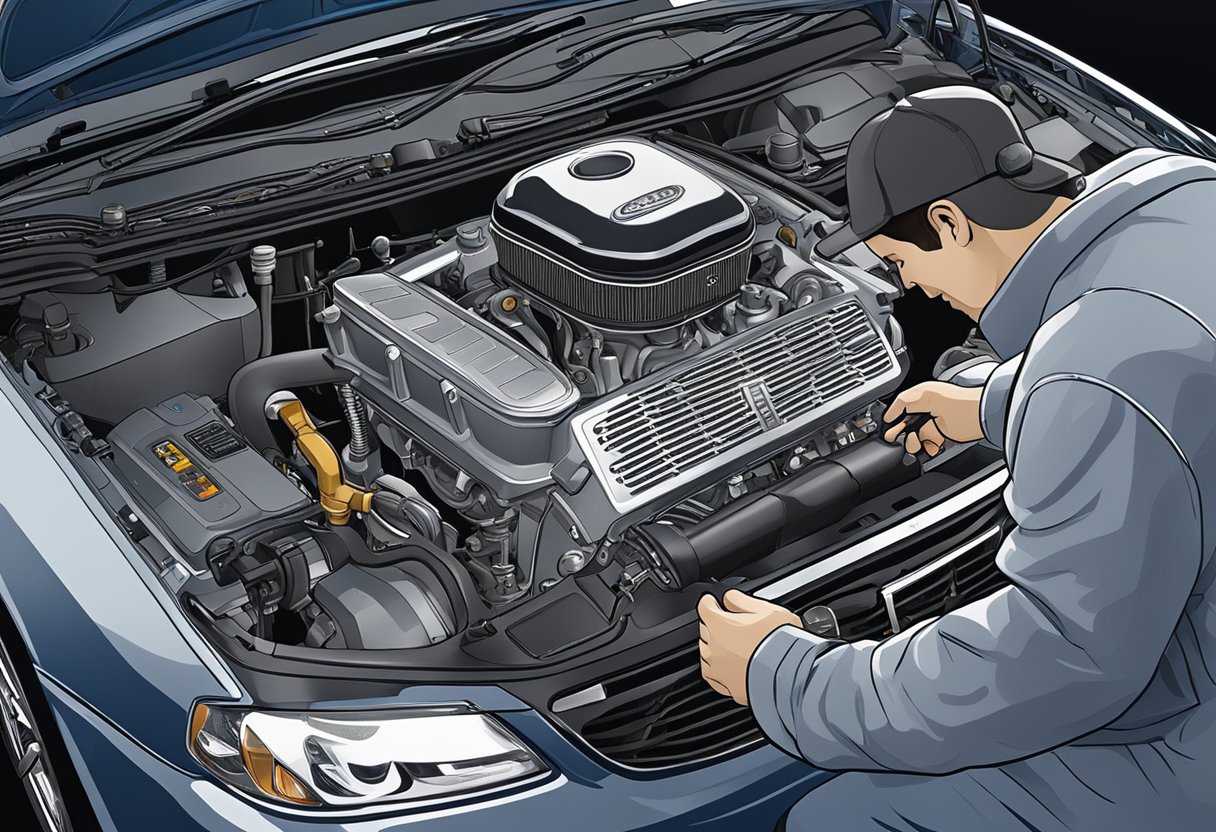 A car's engine bay with steam rising from the radiator, diagnostic code P2181 displayed on the dashboard, and a mechanic inspecting the cooling system