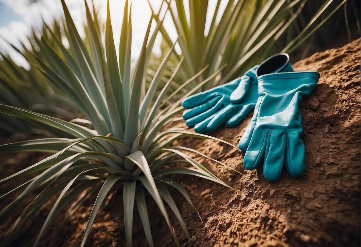 A pair of gardening gloves and sharp pruning shears lay next to a tall yucca plant. The surrounding area is clear of obstacles, and a safety mask and goggles are hanging from a nearby branch
