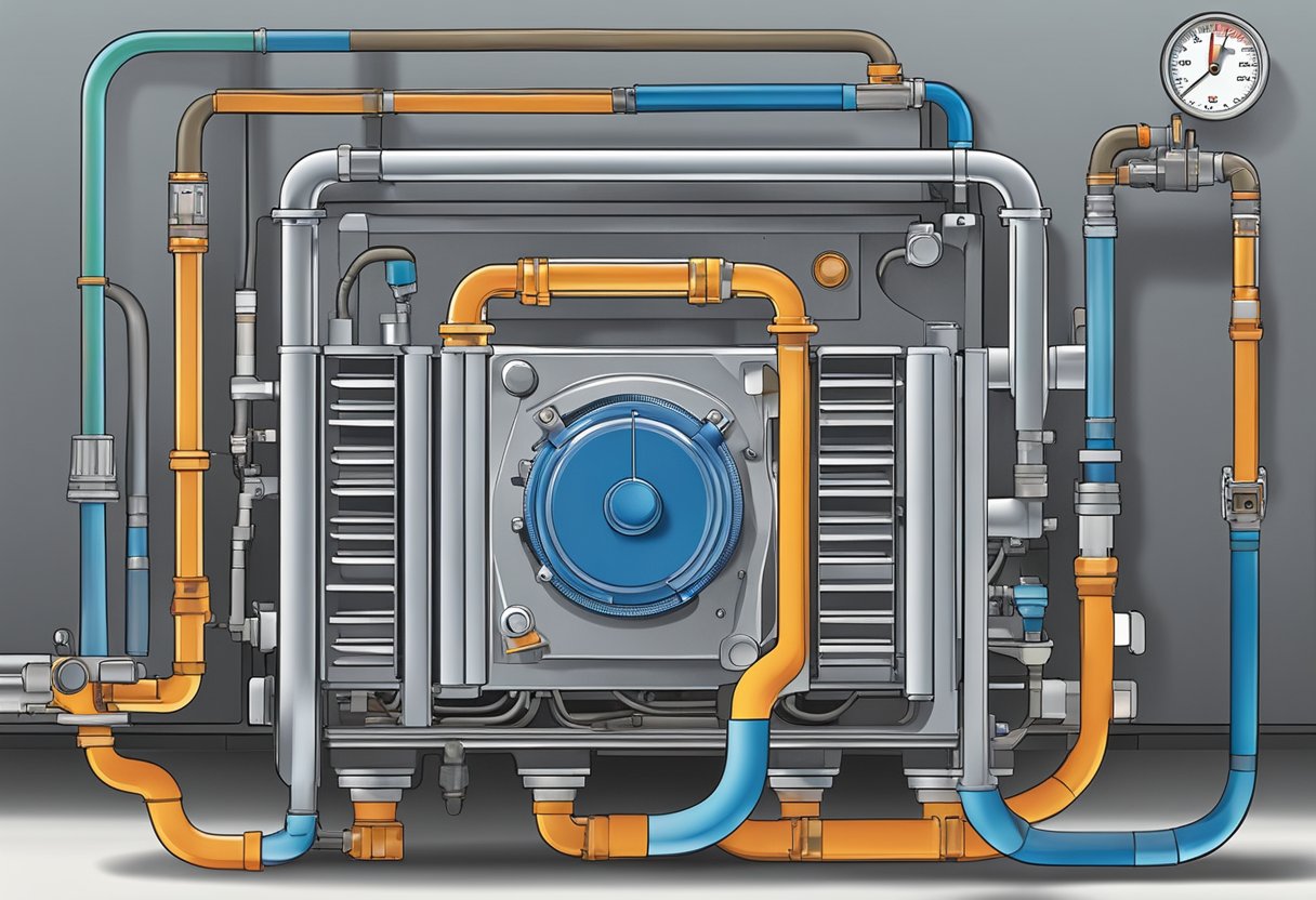 A radiator, thermostat, water pump, and hoses connected to an engine.

Steam rises from the overheated system. A temperature gauge shows a warning code