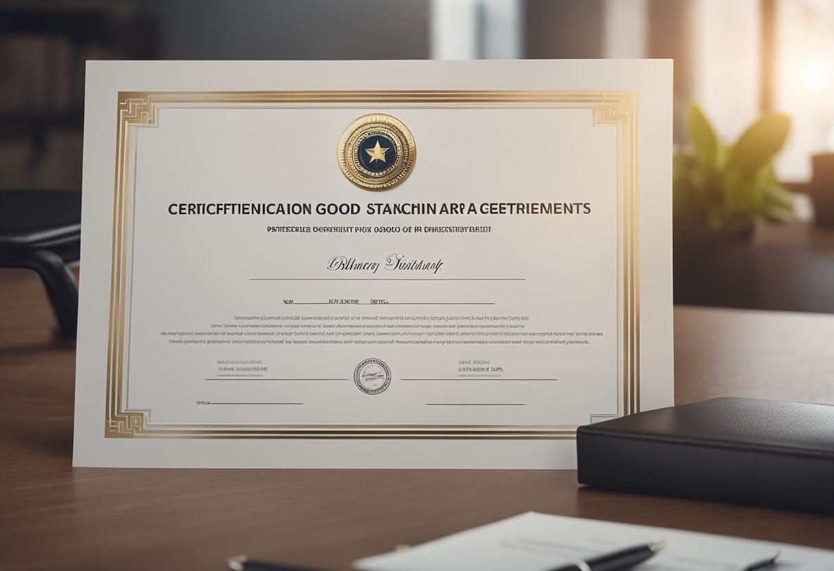 A certificate of good standing displayed on a desk with a partnership agreement and a handshake symbolizing a potential business partnership