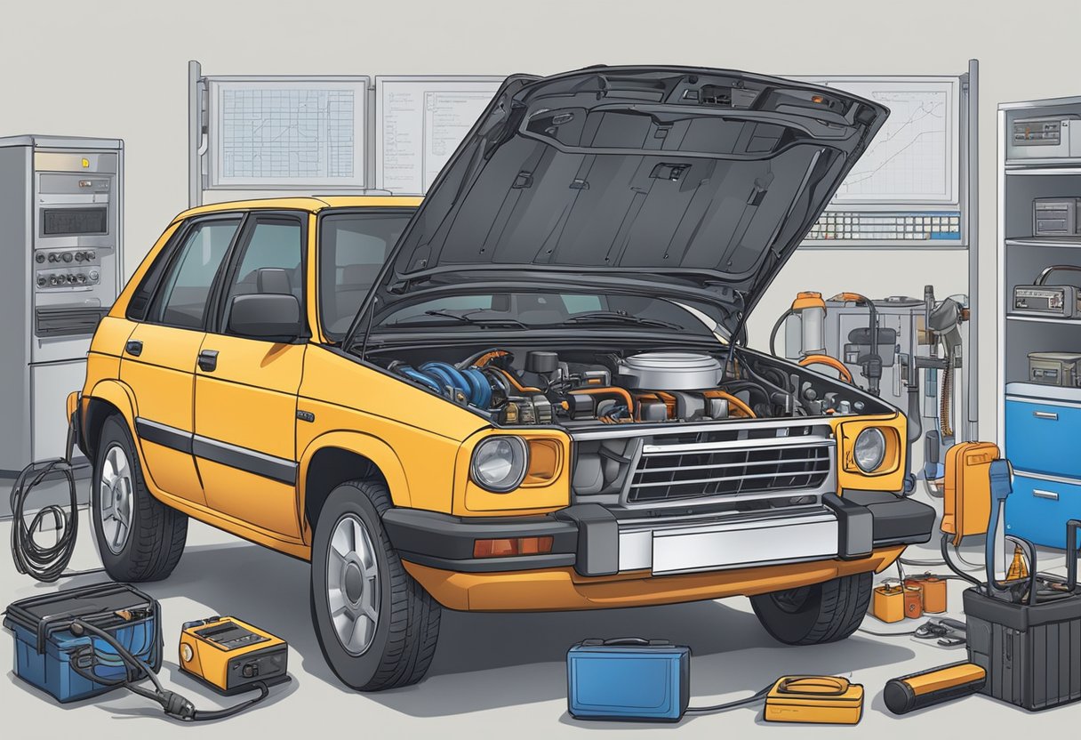 A car's cooling system with diagnostic code P2181 displayed on a digital screen, surrounded by various tools and equipment for maintenance and repair