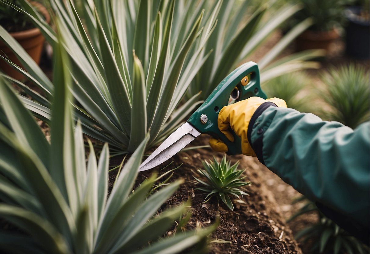 Yucca plants being trimmed with gardening shears