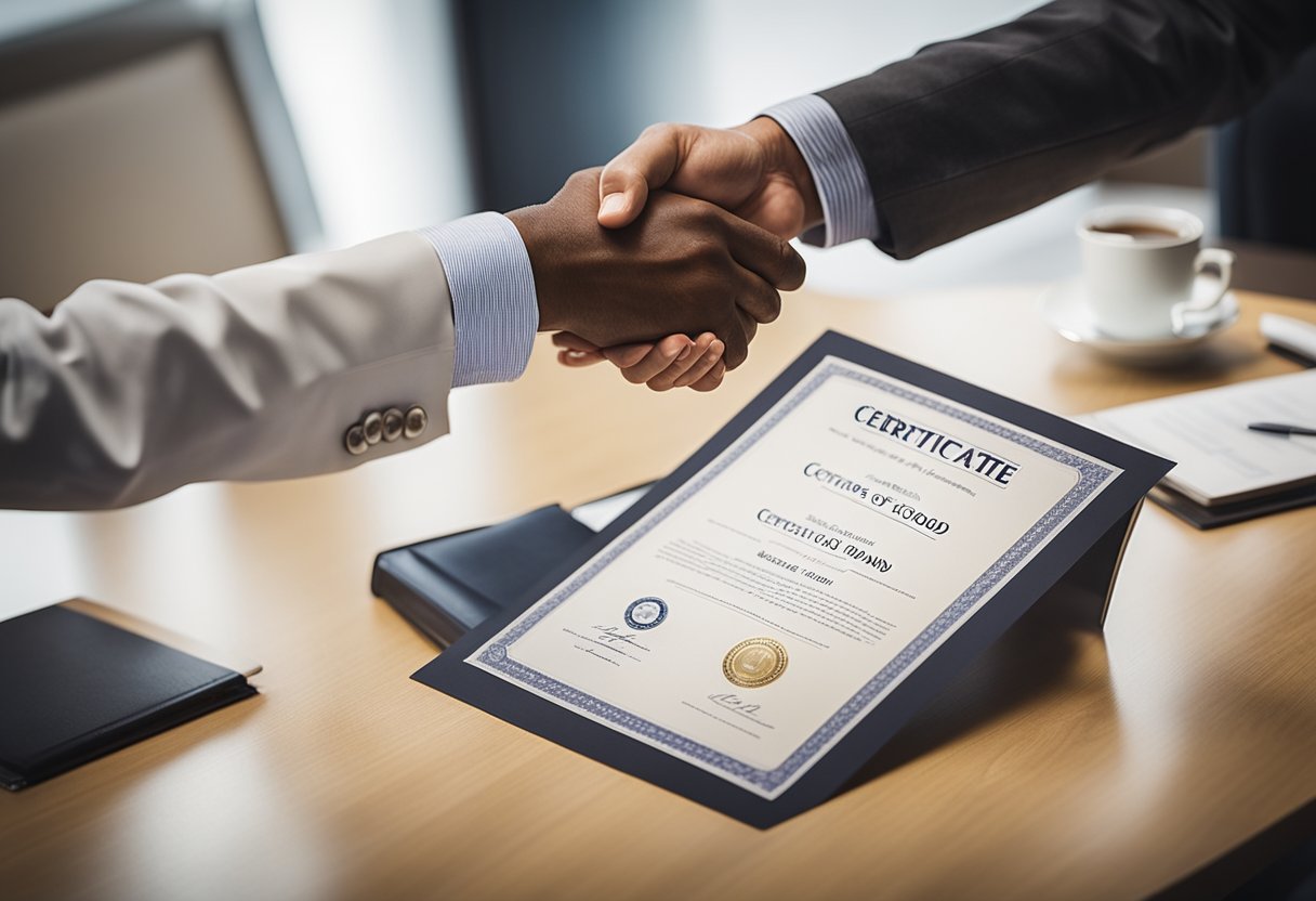 Two business entities shaking hands over a document labeled "Certificate of Good Standing." The background shows a successful business environment