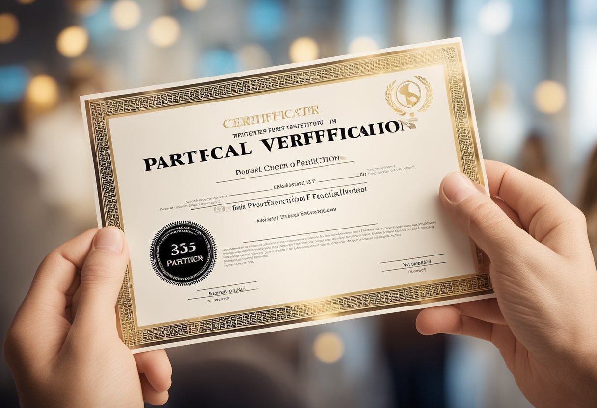 A hand holding a Certificate of Good Standing with the words "Partner Verification" and "Practical Steps" in the background