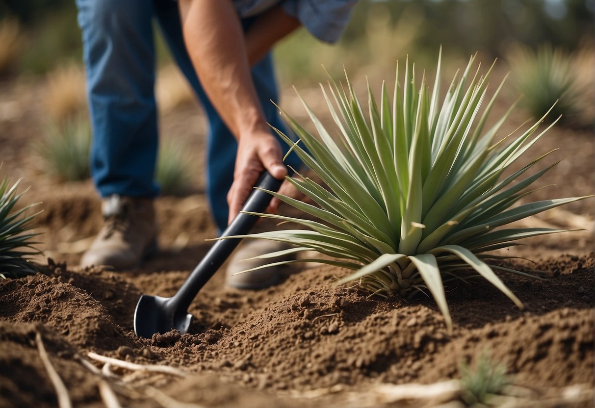 A person removing yucca glauca plants from the ground, using a shovel to dig around the base and pull the plant out. The removed plants are placed in a pile nearby for disposal