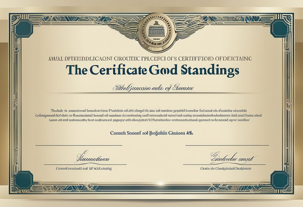 A hand holding a Certificate of Good Standing with state-specific guidelines in the background