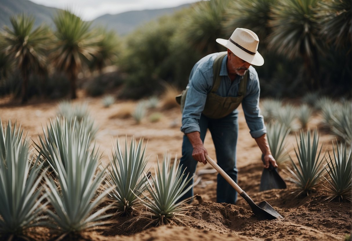 A person pulling up yucca glauca plants from the ground with a shovel