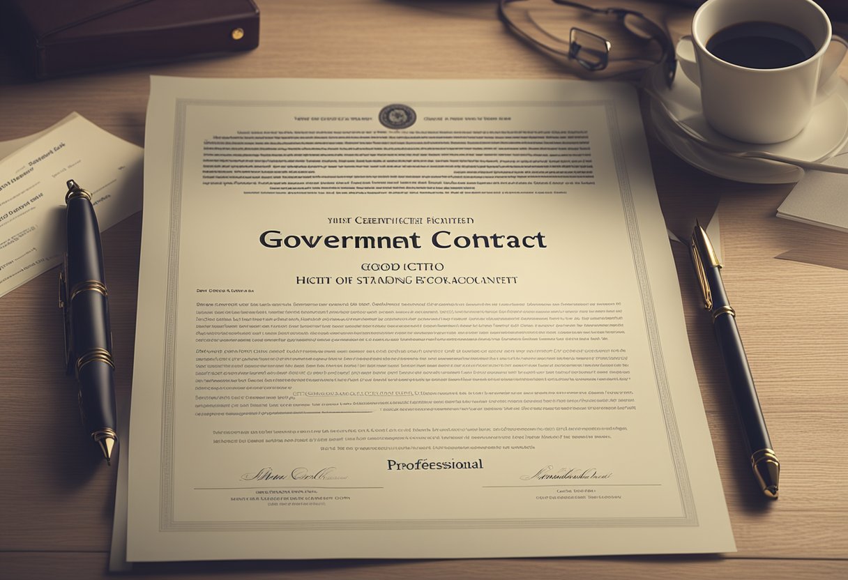 A government contract document sits on a desk, with a certificate of good standing next to it. The scene is professional and organized