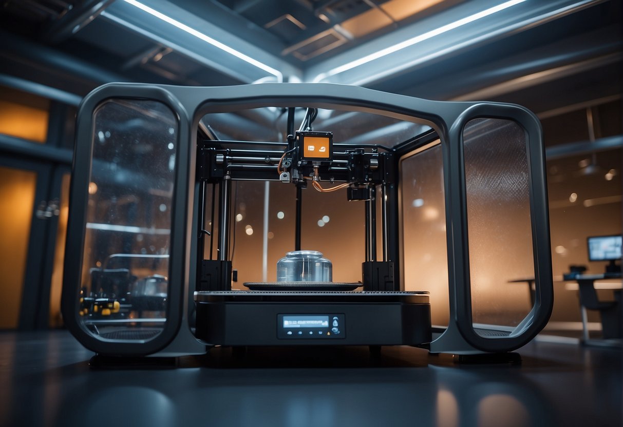 In a zero-gravity environment, a 3D printer extrudes space-grade materials to create intricate components for future space missions