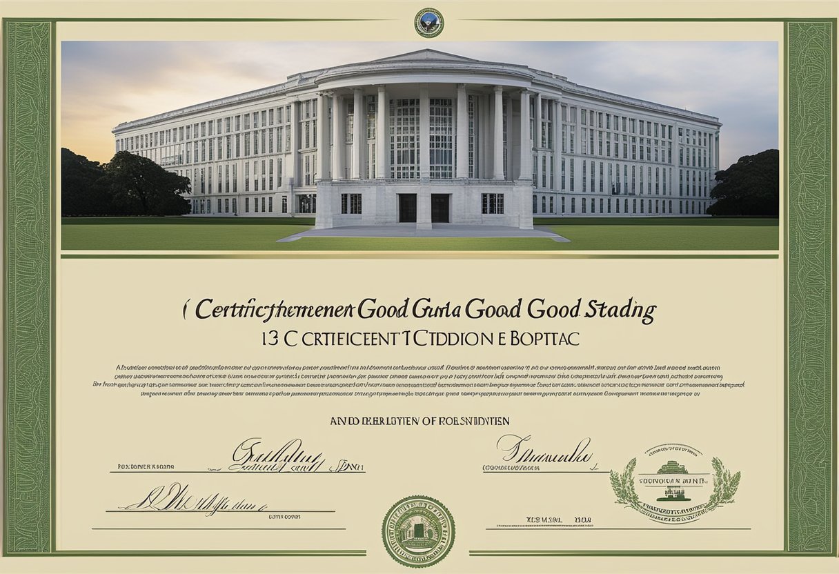 A government building with a prominent "Certificate of Good Standing" displayed, with a contract and horizon in the background