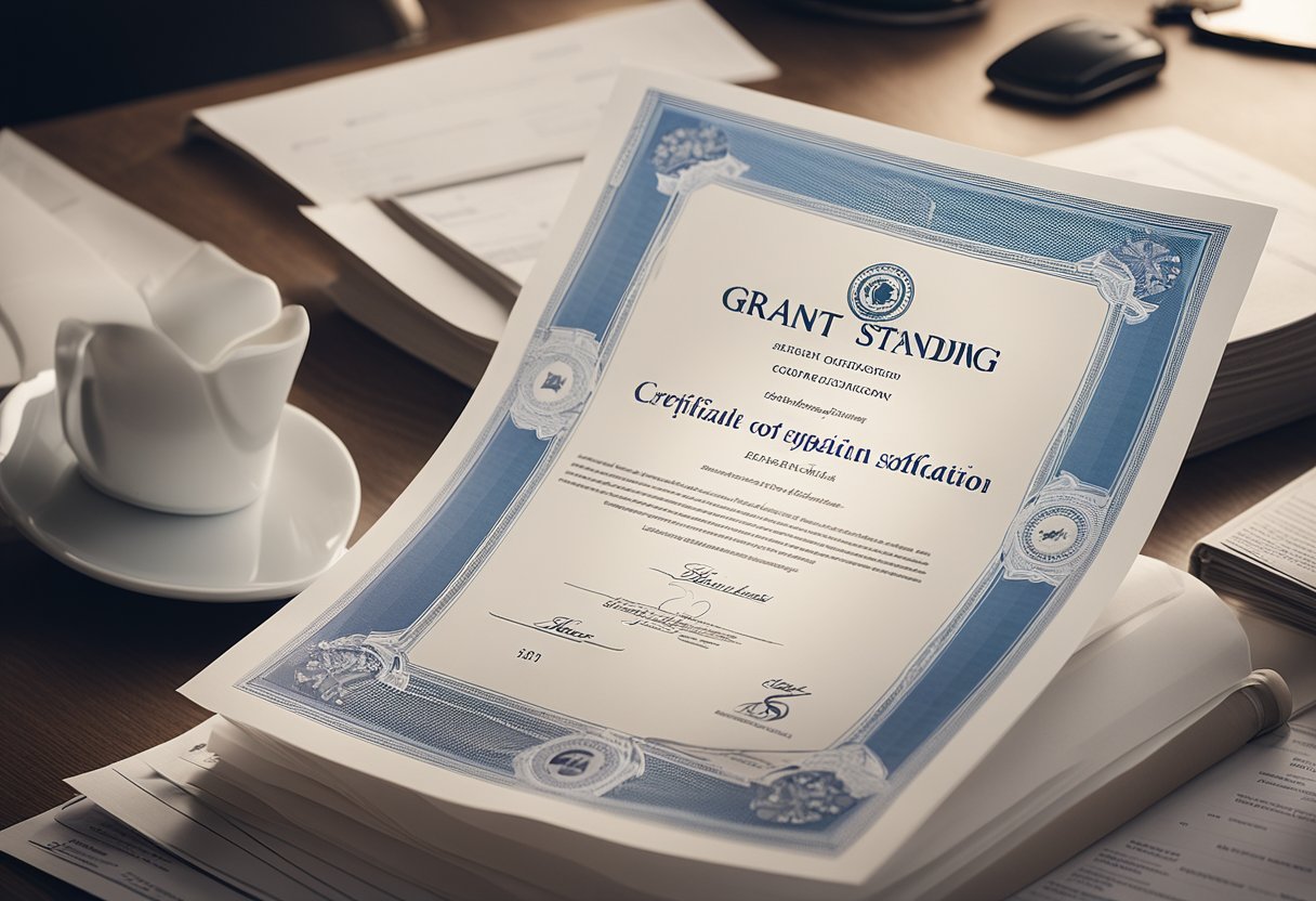 A certificate of good standing is displayed next to a stack of grant application documents and a business logo