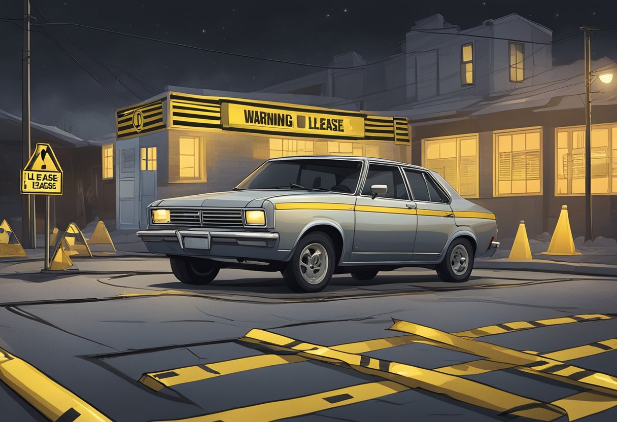 A car with a "For Lease" sign surrounded by caution tape and warning signs.

The car is parked in a dimly lit, desolate area with a foreboding atmosphere