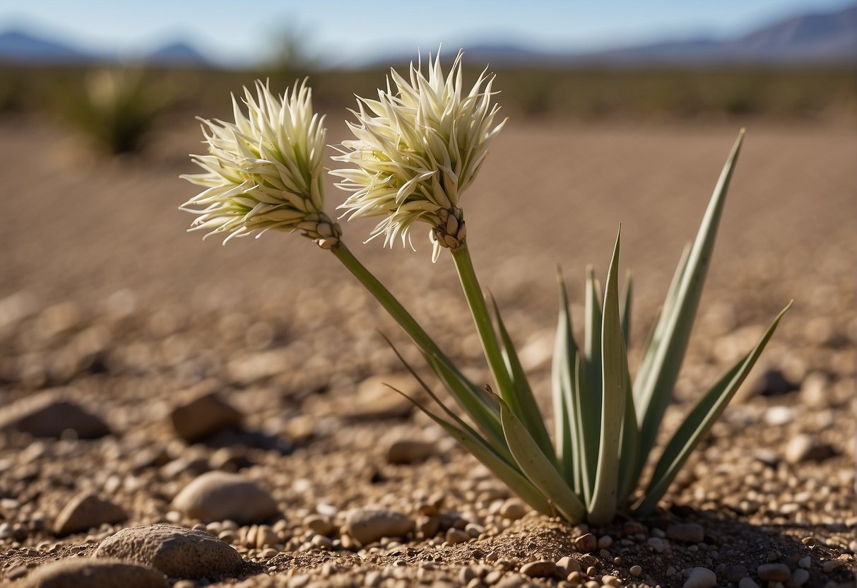 A broken yucca flower lies on the ground, its stem snapped. The plant stands nearby, its leaves reaching towards the sky