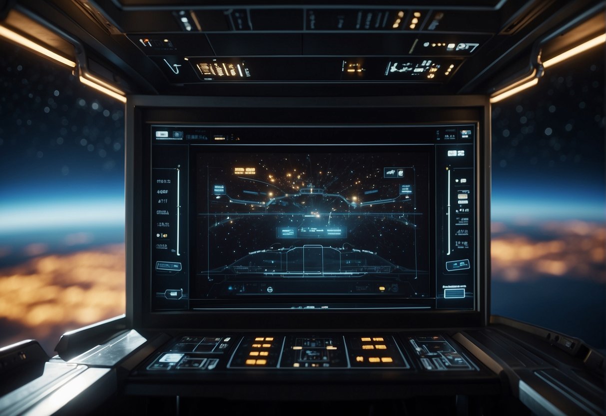 Spacecraft navigation systems  - A spacecraft's navigation systems glow with digital displays and illuminated buttons, guiding the vessel through the vast expanse of the cosmos