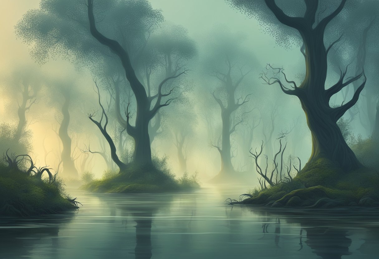In a dense forest, eerie fog hovers over a murky swamp. Strange, twisted trees loom overhead, and murky water ripples with unseen movement