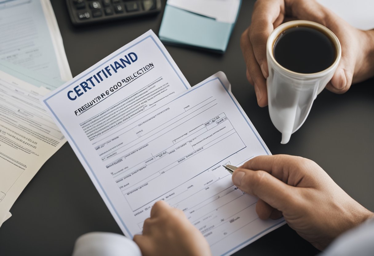 A person submitting a grant application. They hold a document labeled "Certificate of Good Standing" while filling out a form with "Frequently Asked Questions Bidding for a Business Grant" written on it