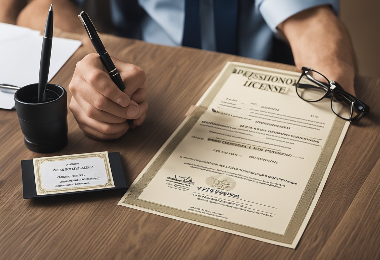 A business license on a desk next to a Certificate of Good Standing, with a pen ready to sign