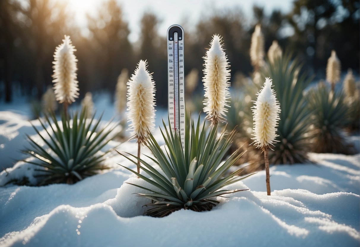 Yucca plants surrounded by snow, with a thermometer showing a low temperature