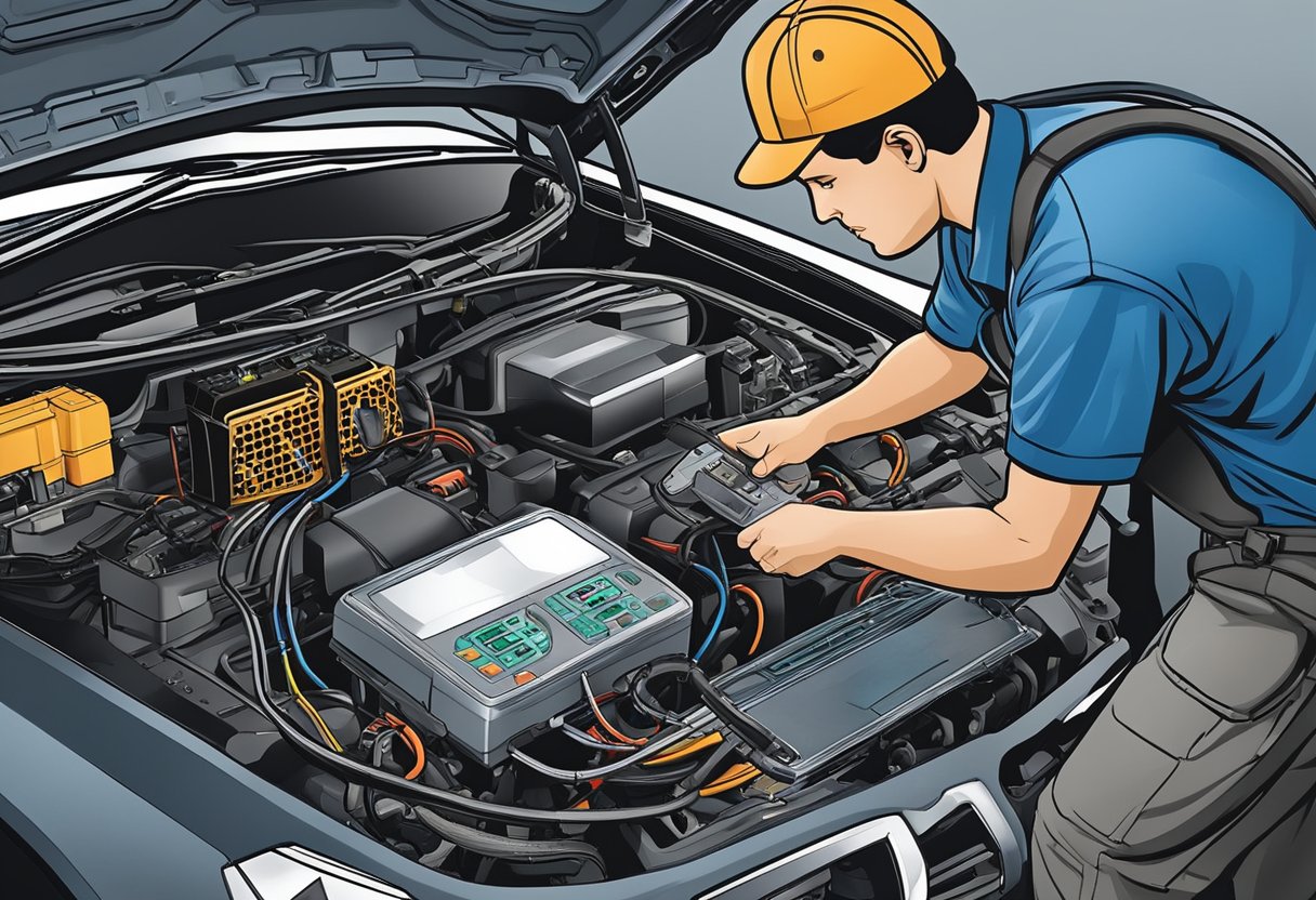 A mechanic connects a diagnostic tool to a vehicle's ECM/PCM to troubleshoot P0685 code.

Wires and connectors are visible along with the power relay