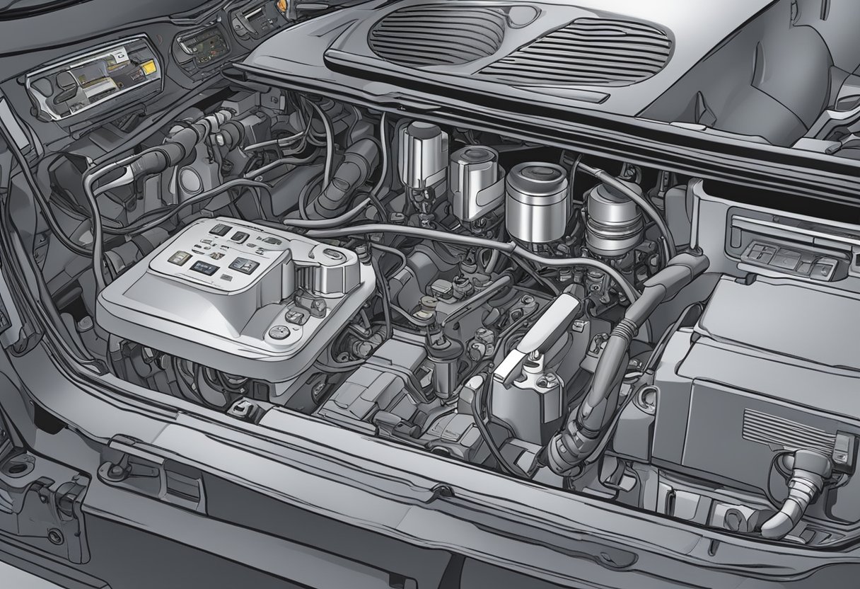 A hand reaching for a power relay module in a vehicle's engine compartment, with diagnostic equipment connected to the ECM/PCM, displaying the P0685 trouble code