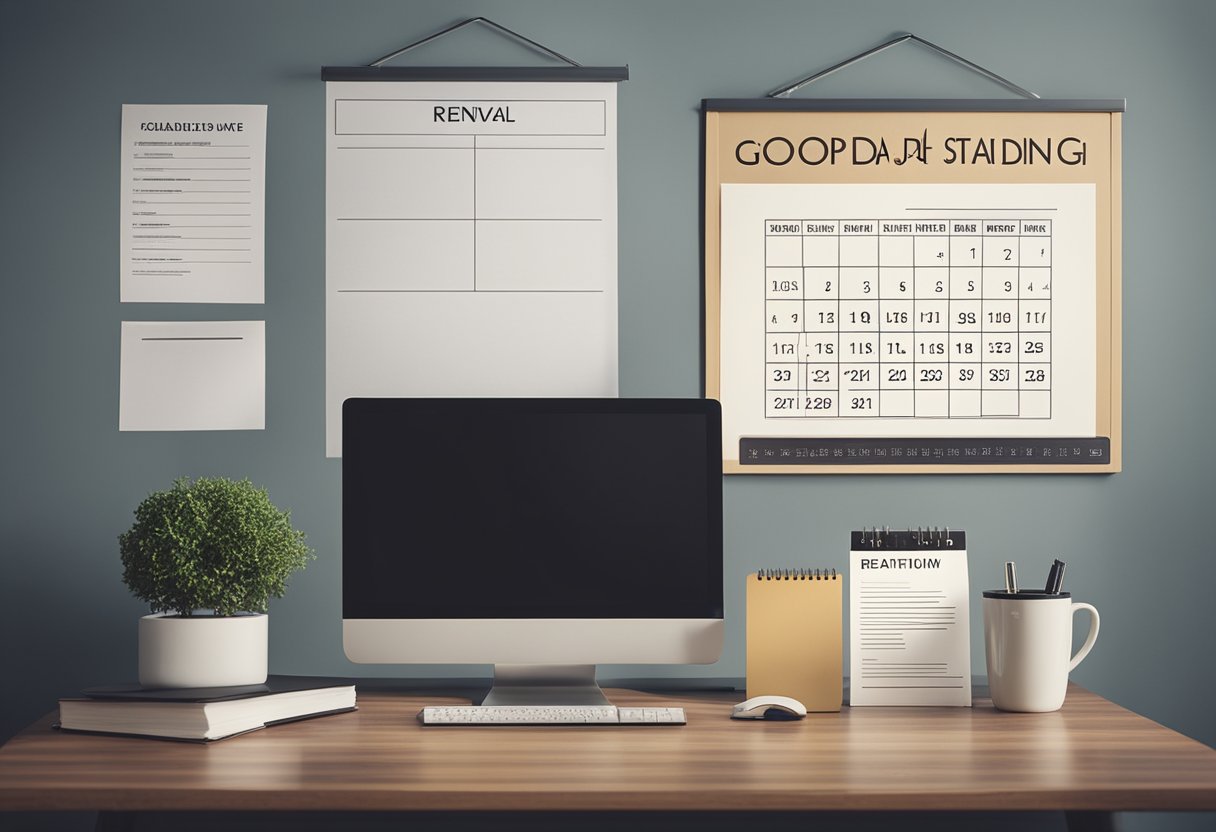 A desk with a computer, paperwork, and a certificate of good standing displayed prominently. A calendar on the wall shows the renewal deadline