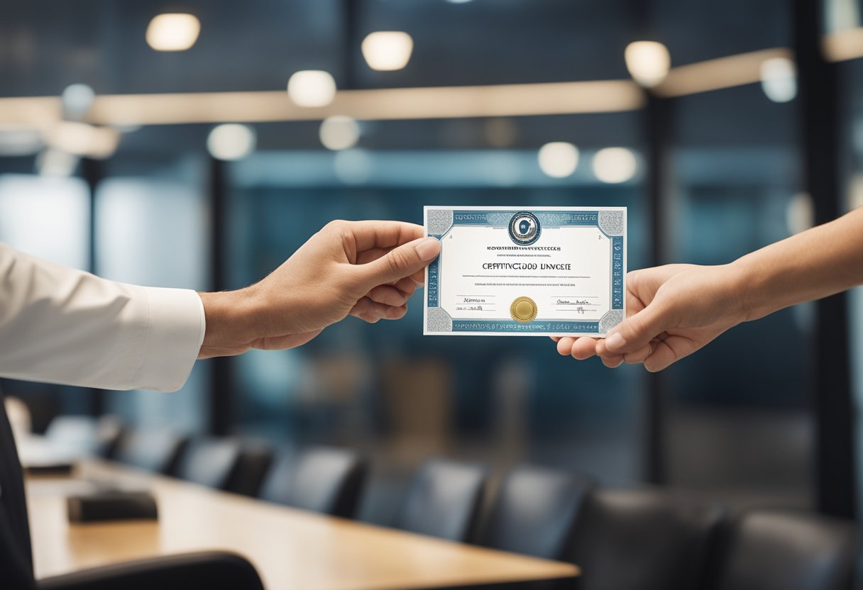 A hand reaching for a business license with a certificate of good standing in the background