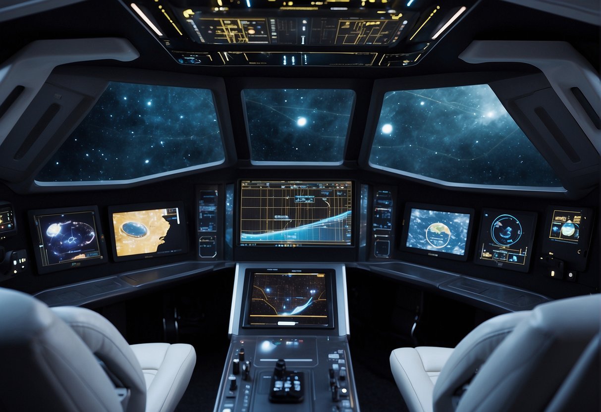 A spacecraft's navigation system displays holographic maps and trajectory data, guiding the vessel through the cosmos. Brightly lit control panels and screens surround the central console, showcasing the spacecraft's advanced technology