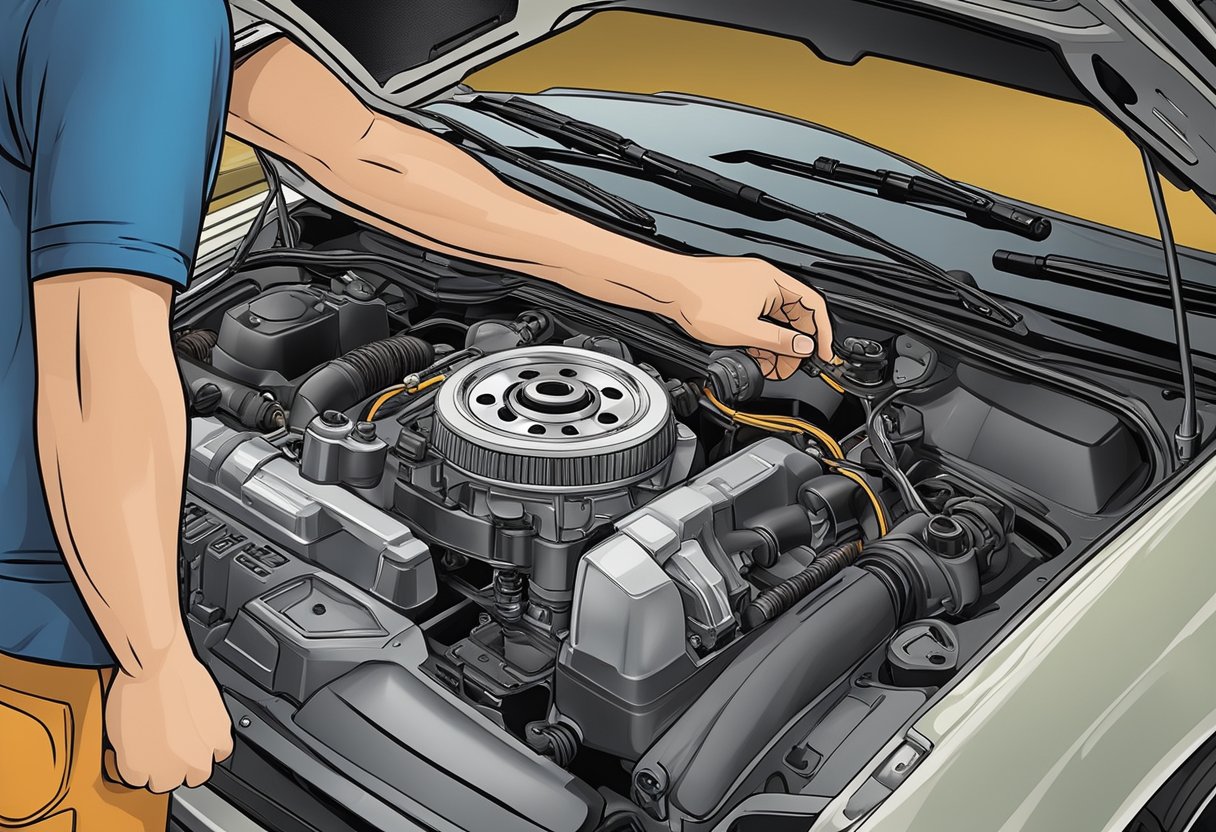 A mechanic diagnosing a car's torque converter clutch issue using diagnostic tools and checking the transmission system for potential problems