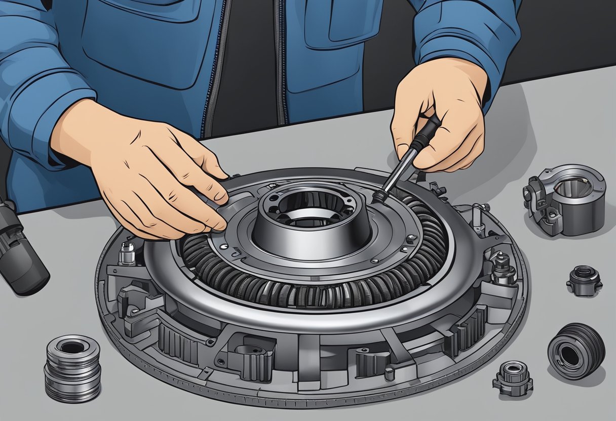 A mechanic inspects a torque converter clutch with diagnostic tools, surrounded by various repair solutions and parts